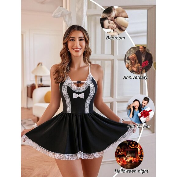 Cosplay Lingerie Set Mesh Chemise Lace Roleplay Outfit 4 Piece Strap Nightwear - Picture 4 of 6